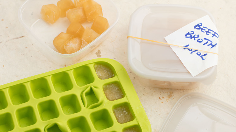 Freezing beef broth cubes in ice cube container