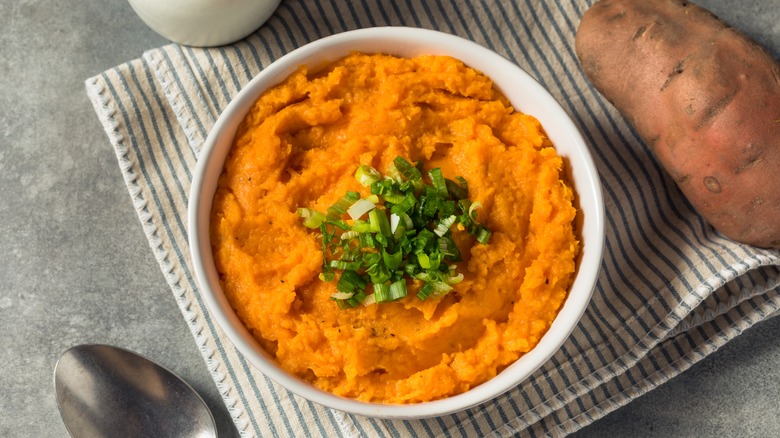 Homemade mashed sweet potatoes in a bowl