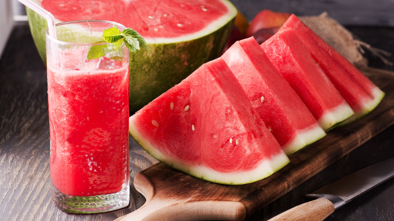 watermelon slices and beverage