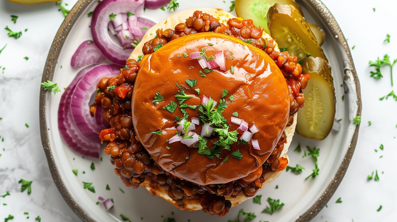 Top view of a vegan sloppy joe made with lentils on a plate