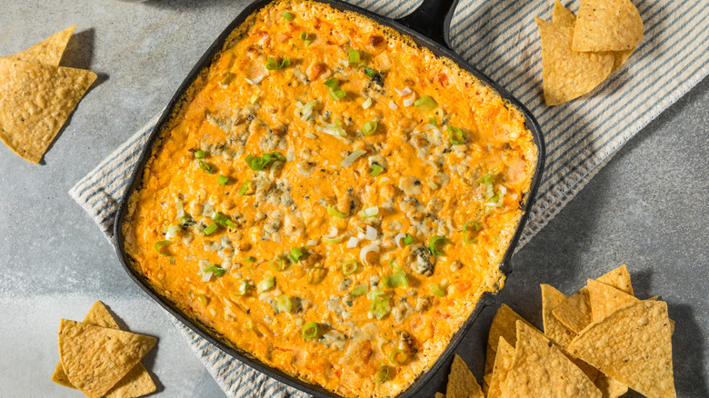 Pan of homemade buffalo chicken dip