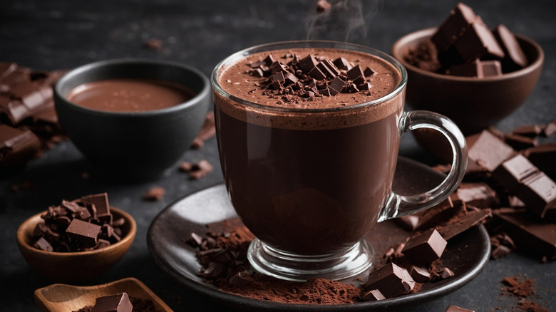 Hot chocolate in a clear glass mug with dark chocolate bars and pieces surrounding, with cocoa powder