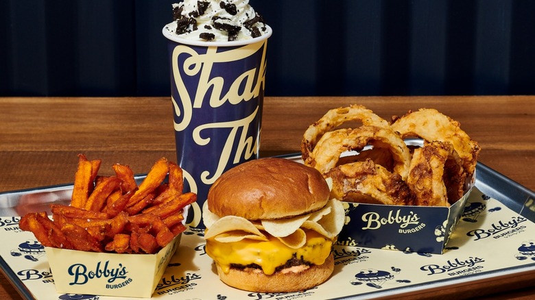 burger fries onion rings and shake