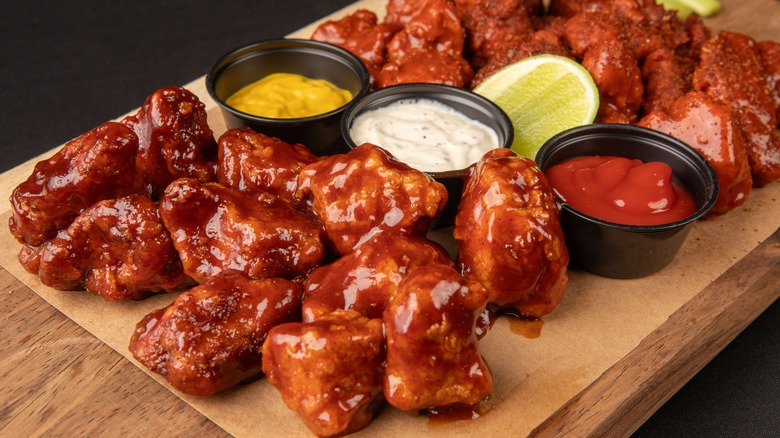 Boneless saucy chicken wings with dips