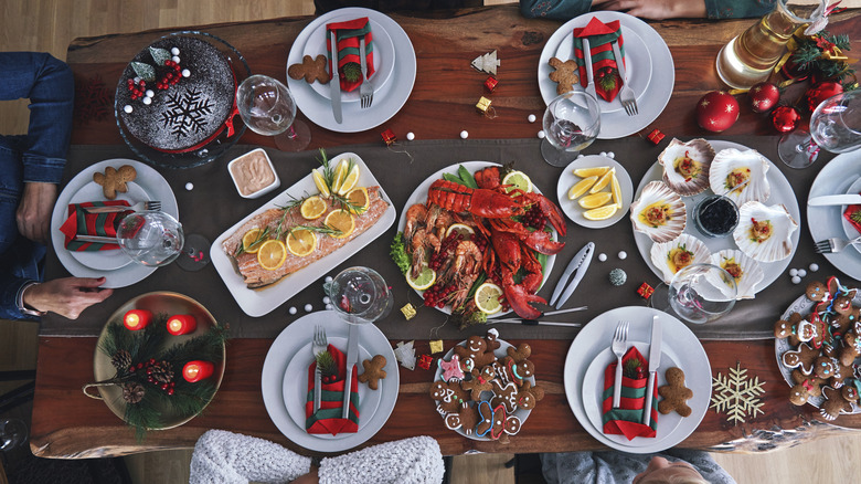 multiple fish dishes on a holiday table