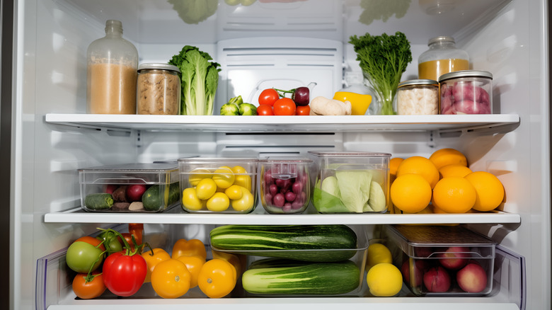 healthy fruits and vegetables in refrigerator shelves