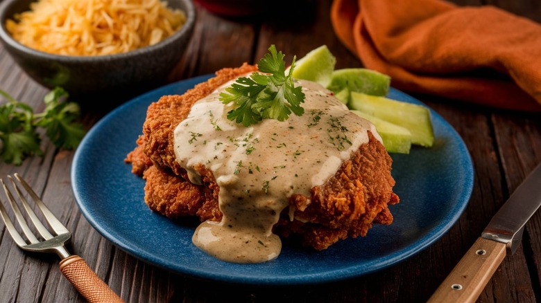 A plate of two chicken-fried steaks with white gravy on top