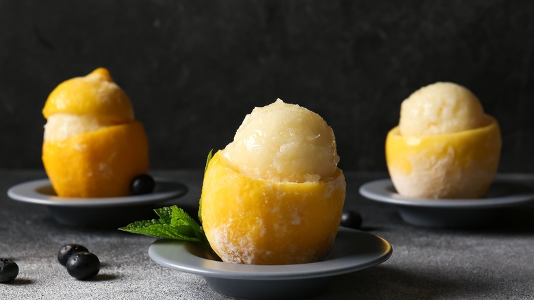 lemon sorbet in three whole lemons