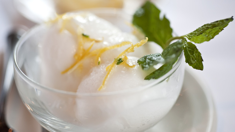 lemon sorbet in cup with leaf sprigs