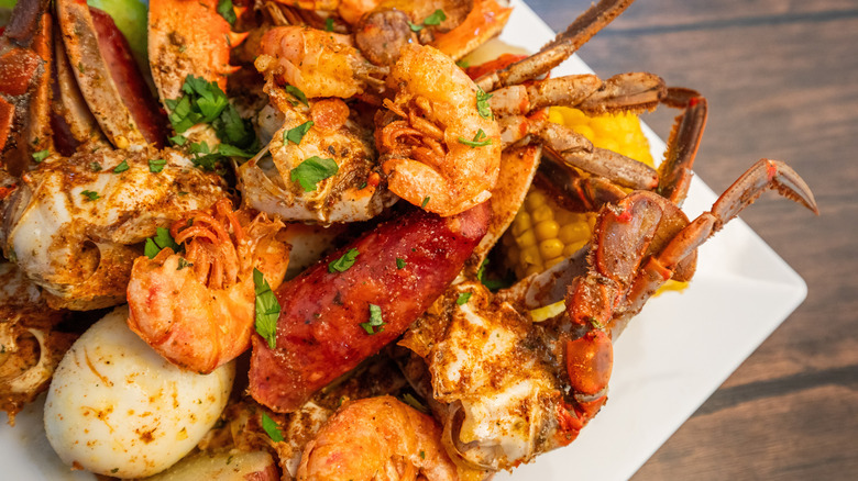 Seafood boil with crab, egg, shrimp, and corn