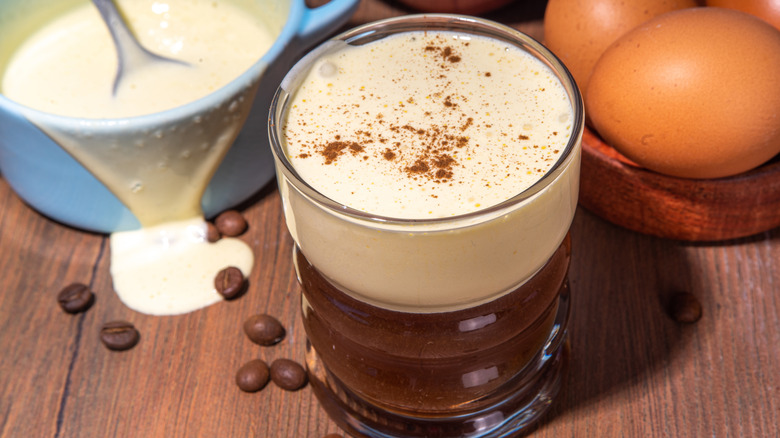 A traditional hot egg coffee made at home with eggs and coffee beans