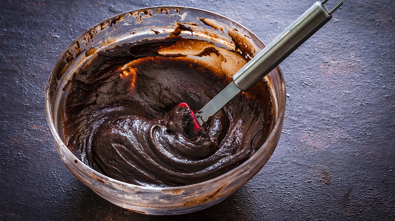 Chocolate cake batter in a bowl