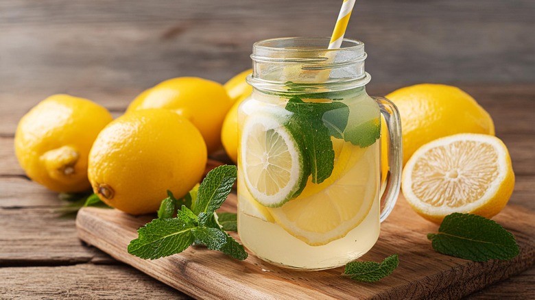 A glass of lemonade with mint