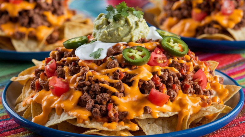 A plate of loaded nachos, topped with melted cheese, ground beef, tomatoes, jalapeños, sour cream, and guacamole