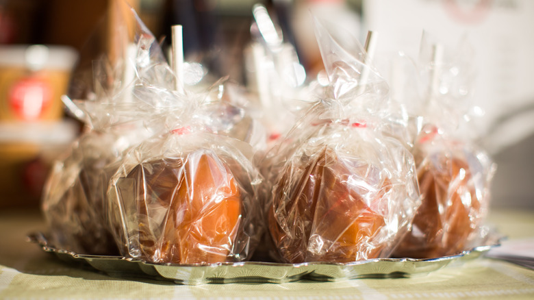 Candy apples wrapped in plastic