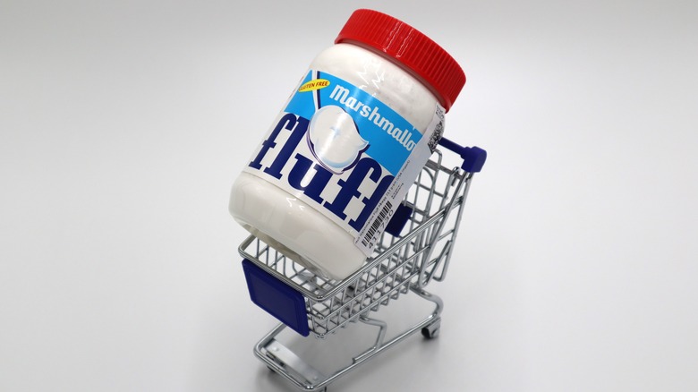 Marshmallow fluff jar in a shopping cart