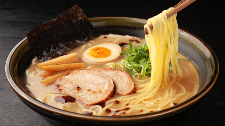 Bowl of ramen with various toppings