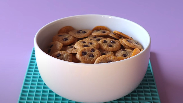 miniature chocolate chip cookies in bowl