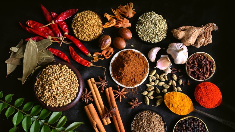 A wide variety of spices, whole and ground