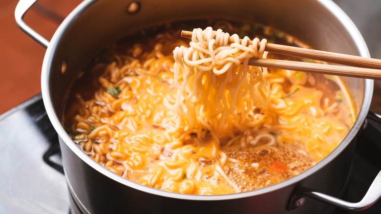 Pot of instant ramen noodles