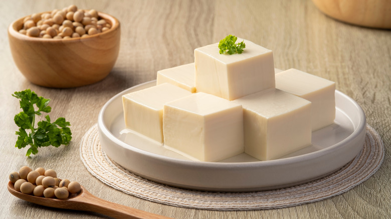 Cubes of soft Silken tofu on a white plate with bowls of dried soybeans