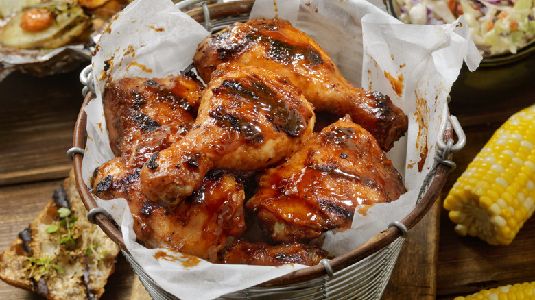 bucket of barbecue chicken on display