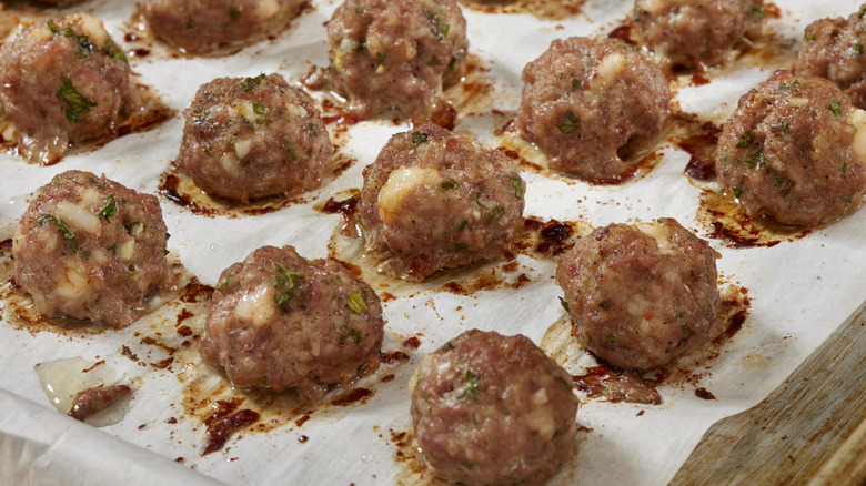 Tray of baked meatballs