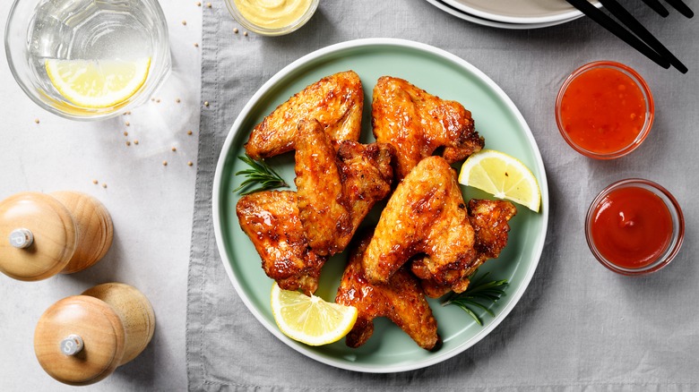 Cooked chicken wings on plate with sauces