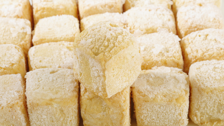 Close up of frosty frozen cubes of tofu