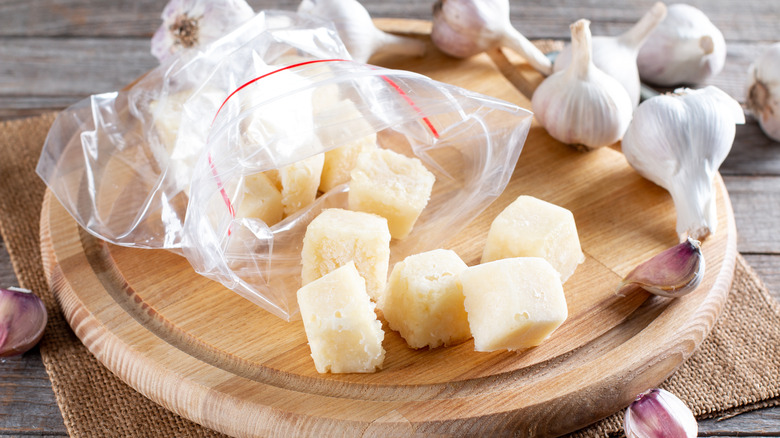 garlic cubes in plastic bag