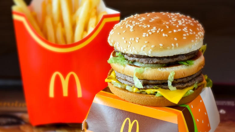 A Big Mac from McDonald's sits on its box, with a side of french fries in the background