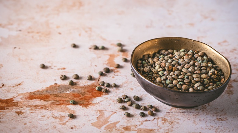 French Puy lentils in a small bowl on light background,