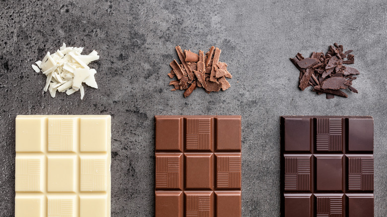 White, milk, and dark chocolate bars