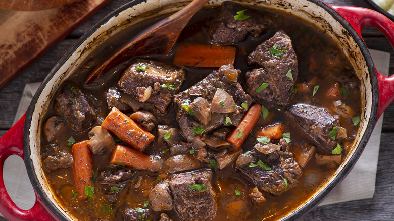 Pot filled with beef stew