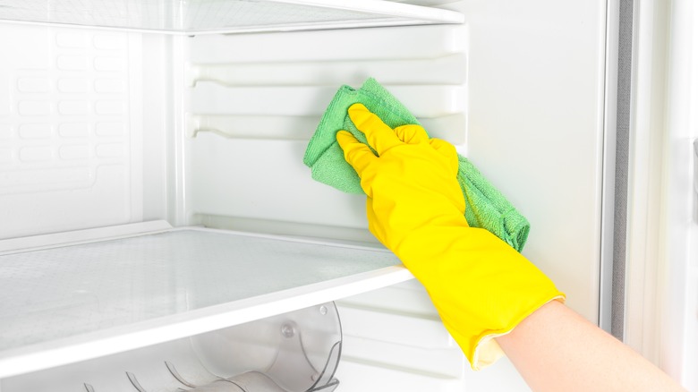 Person wearing gloves wiping the insides of a fridge