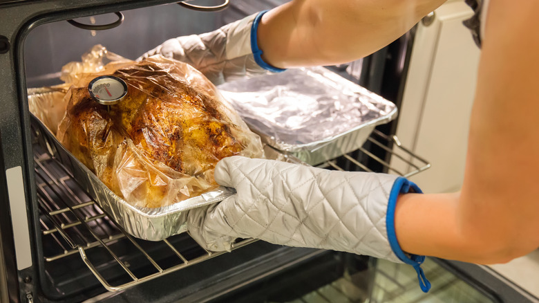 Person pulling oven bag turkey out from oven
