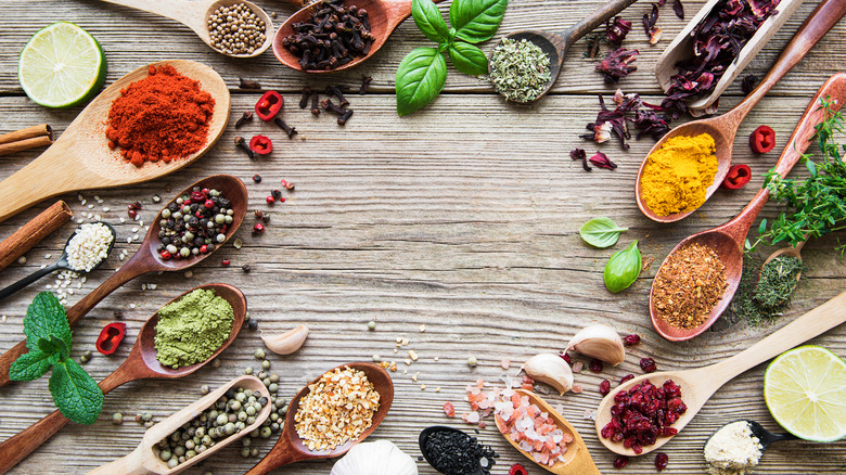 Spoons of different herbs and spices