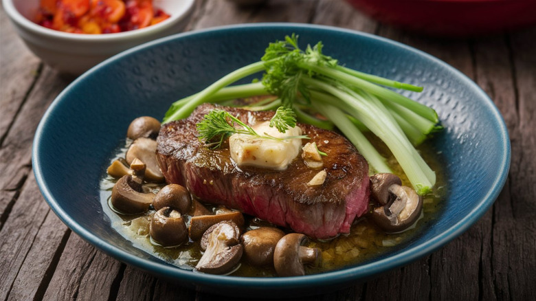 A Steak de Burgo dish, served with mushrooms