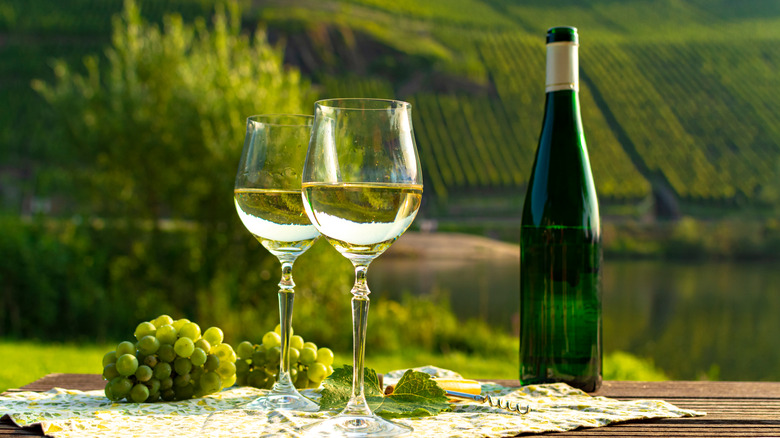 Two wine glasses and bottle of German Riesling