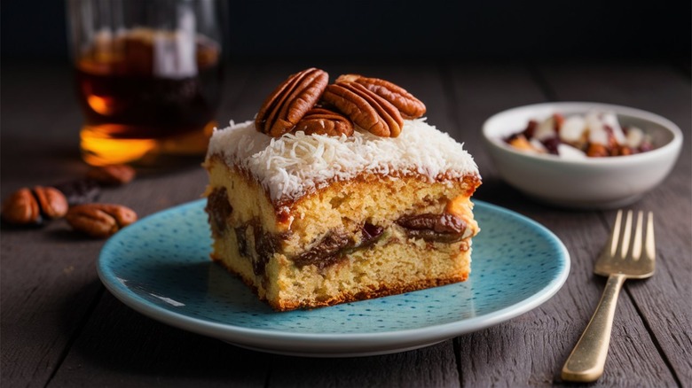 Slice of Lane cake with pecans and coconut on blue plate