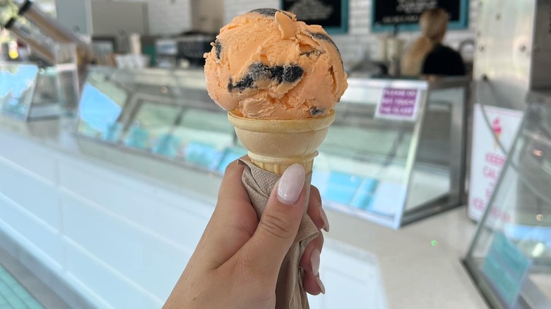 Hand holding cone of tiger tail ice cream