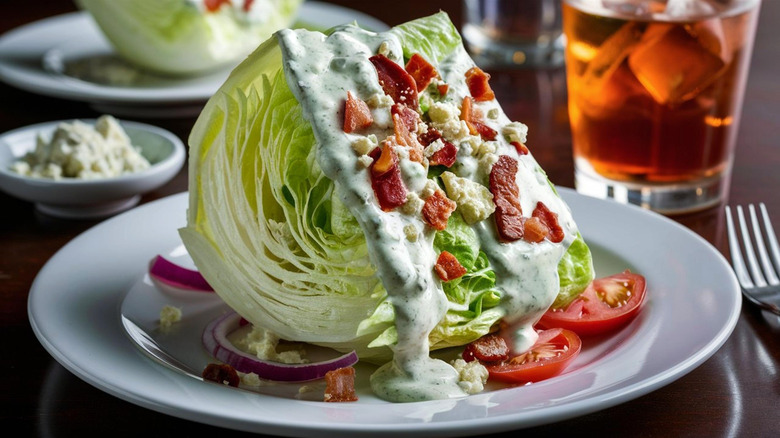 A wedge salad with iceberg lettuce, blue cheese dressing, bacon, tomato slices, and onions sits on a white plate