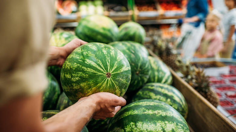 person picking up watermelon at grocery store