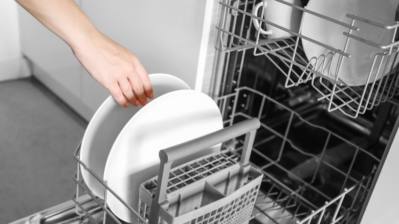 White plates in grey dishwasher