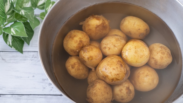 Potatoes soaking in a bowl