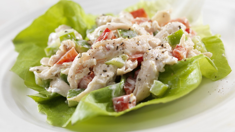 chicken salad over a bed of lettuce
