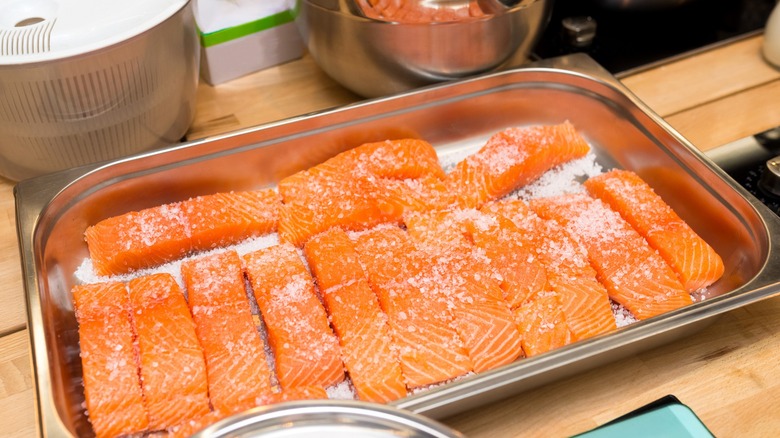 Tray with salted salmon