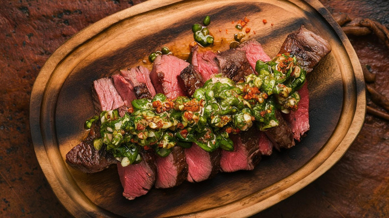 Skirt steak topped with chimichurri sauce