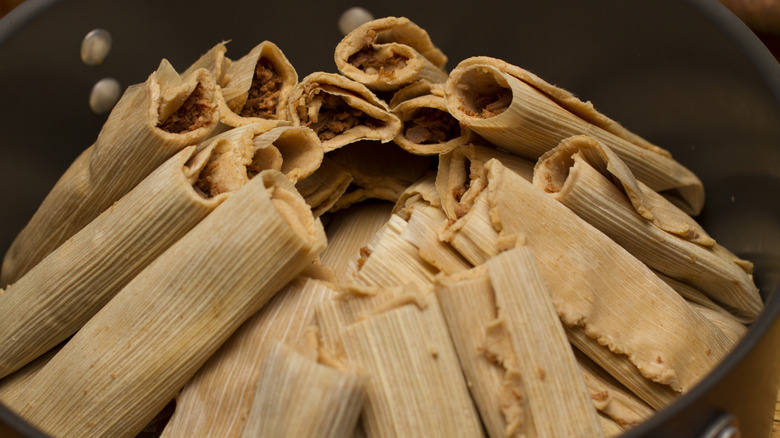 Pot of steaming tamales