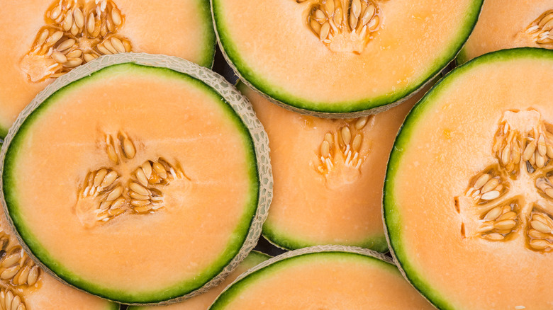 Layers of sliced cantaloupe melons